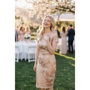 JS COLLECTIONS DRESS GOLD TAN WEDDING GUEST SEQUIN FLORAL EMBROIDERED COCKTAIL